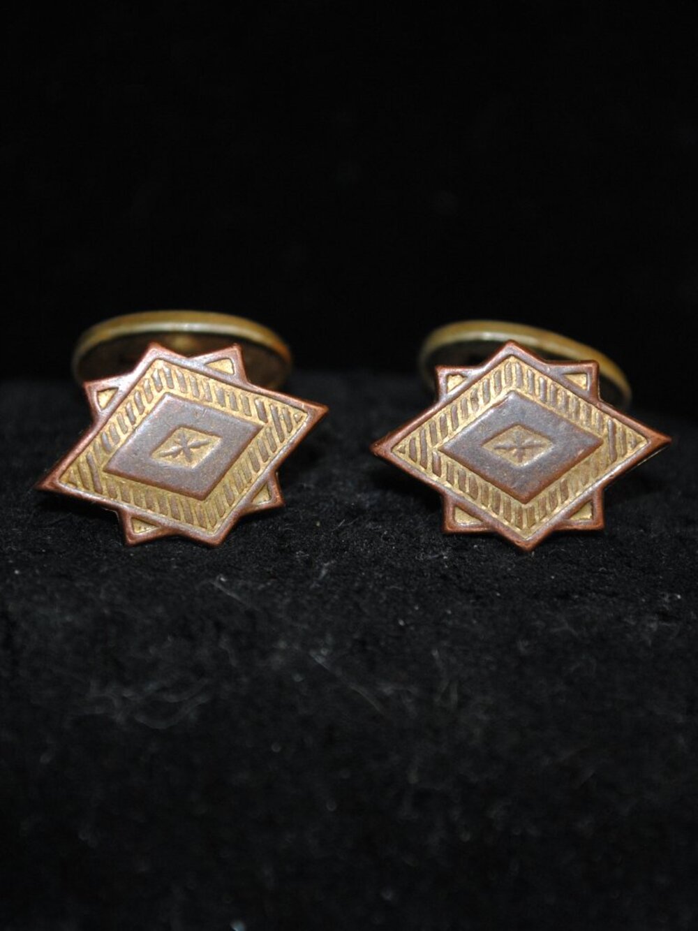 Antique Engraved Geometric Brass Cufflinks with Swivel Backs